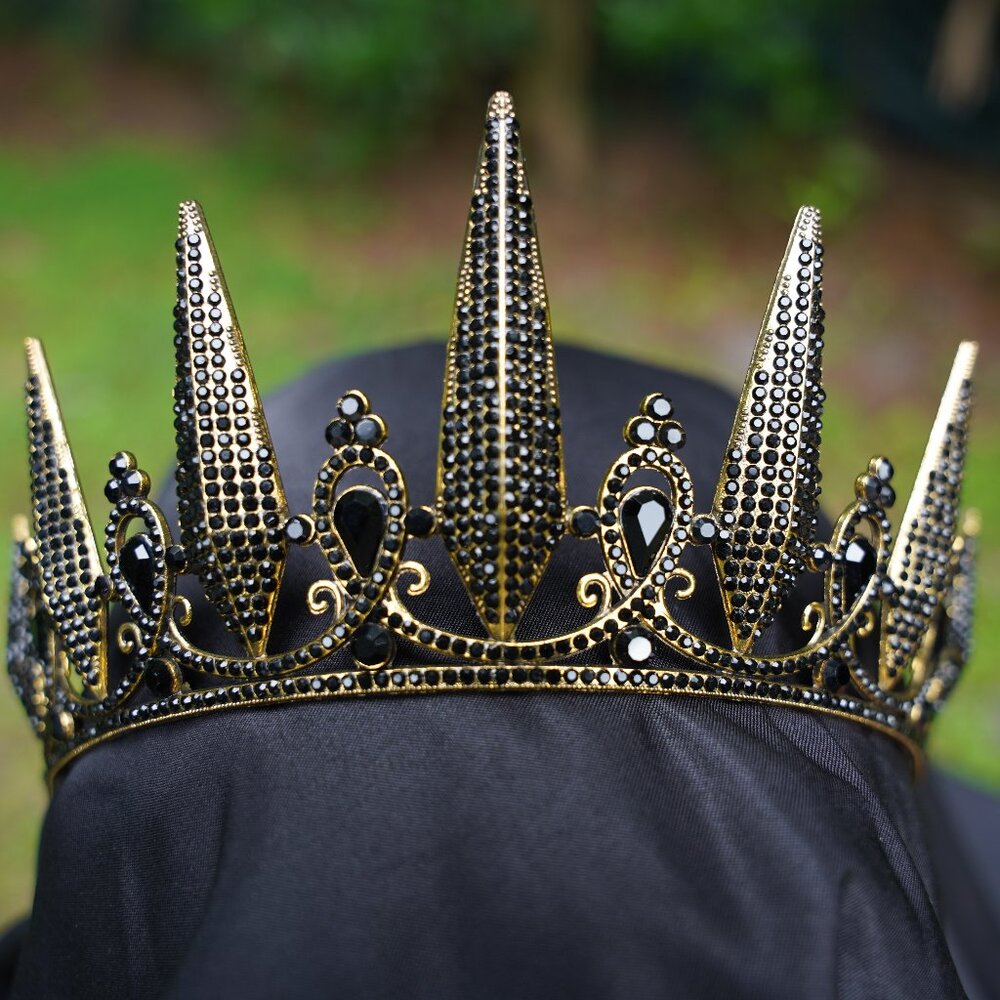 Black Spike Crown Crystal Tiara Bridal Goth Birthday Wedding Gift Diadem Vintage